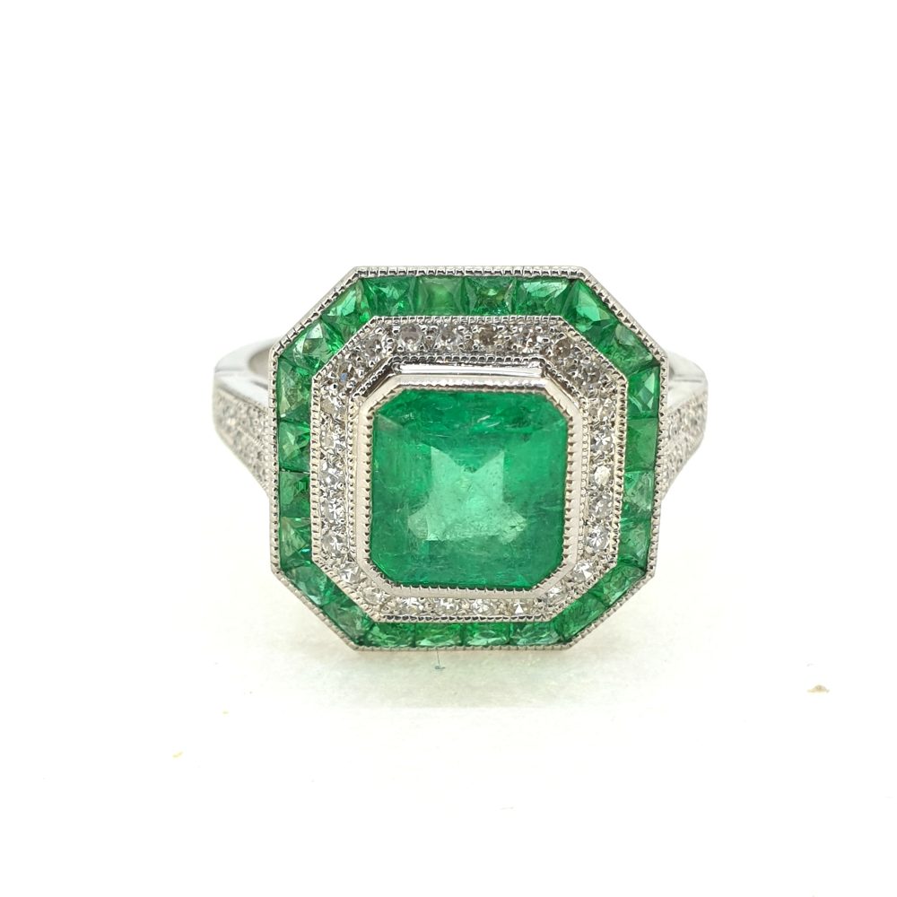 1.22ct Colombian Emerald and Diamond Double Cluster Dress Ring