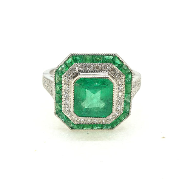 1.22ct Colombian Emerald and Diamond Double Cluster Dress Ring