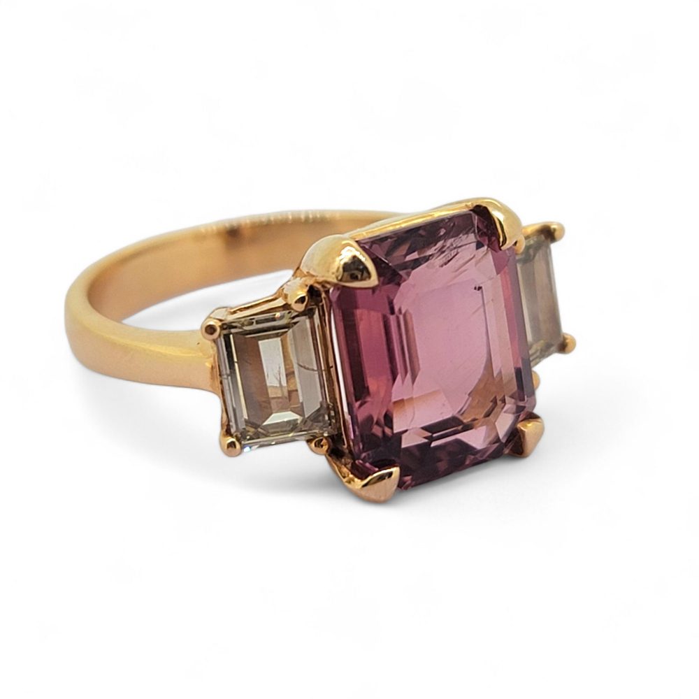 4.73ct Pink Tourmaline and Diamond Three Stone Engagement Ring in 18ct Rose Gold