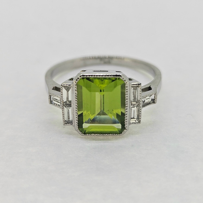 2.60ct Emerald Cut Peridot Ring with Baguette Diamonds in Platinum