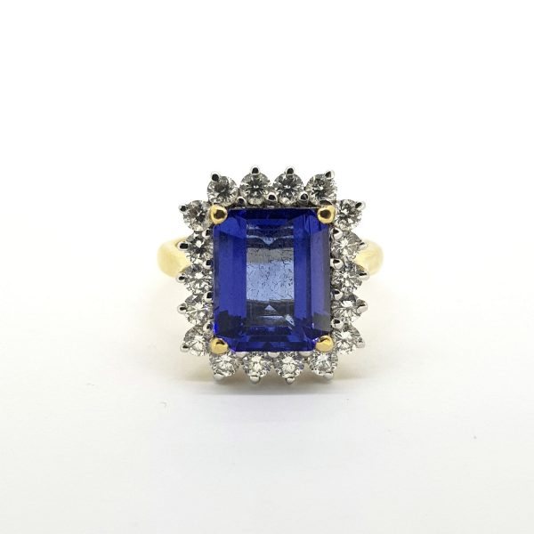 4.45ct Emerald Cut Tanzanite and Diamond Cluster Ring