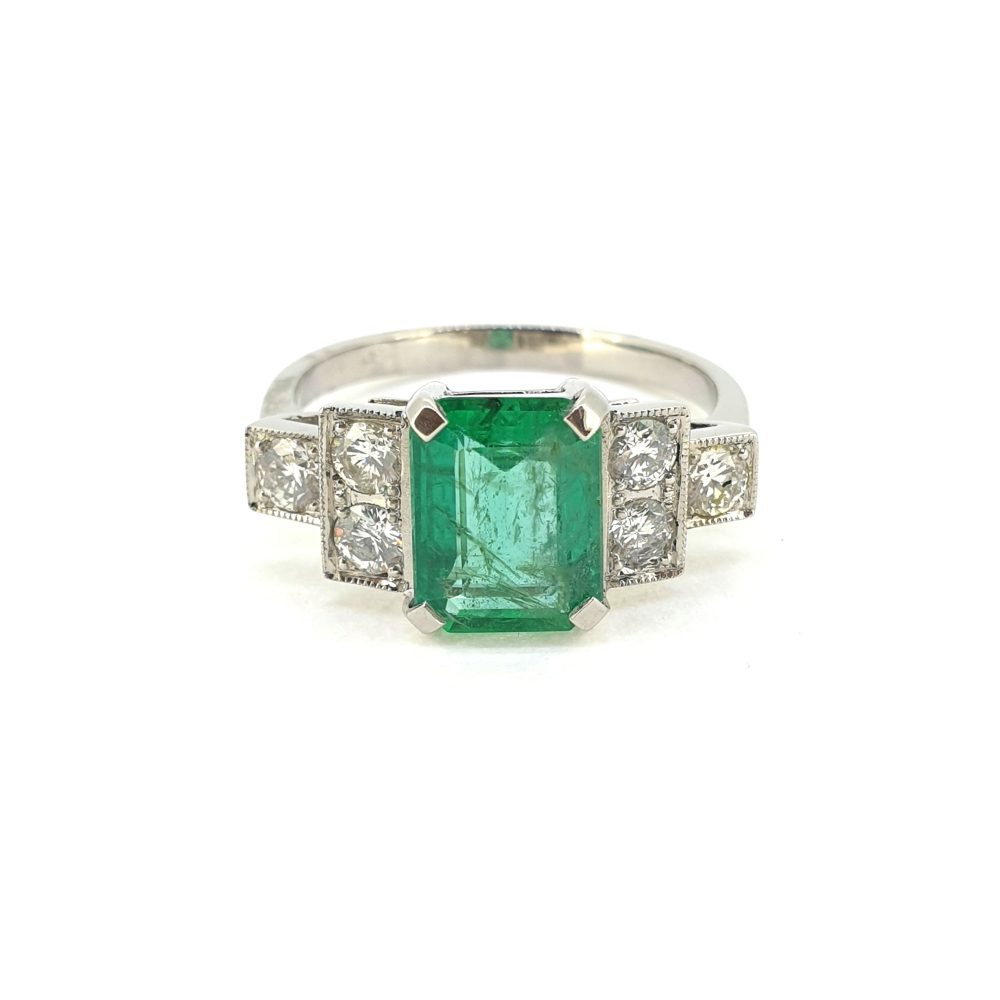 Art Deco Style 1ct Emerald and Diamond Engagement Ring in Platinum