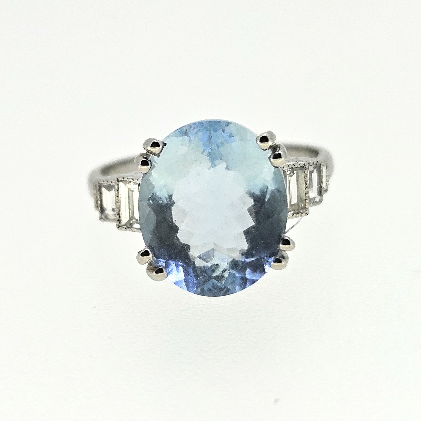 5ct Oval Aquamarine and Baguette Diamond Engagement Ring in Platinum