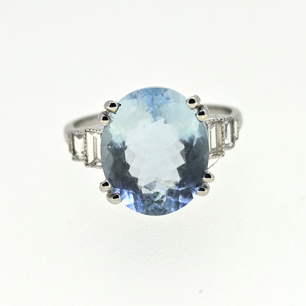 5ct Oval Aquamarine and Baguette Diamond Engagement Ring in Platinum