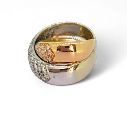 2ct Diamond Set Tricolour Gold Crossover Ring, wide band crossover ring crafted in 18ct white, yellow and rose gold set with 2 carats of round brilliant-cut diamonds