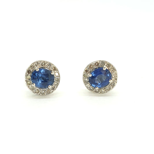 A pair of sapphire and diamond circular cluster earrings in white gold, on a white background