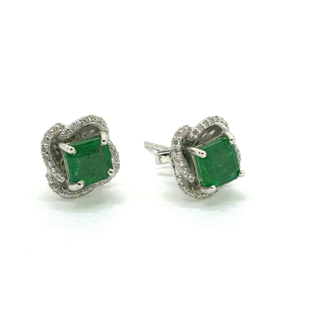 1.91ct Emerald and Diamond Halo Cluster Stud Earrings