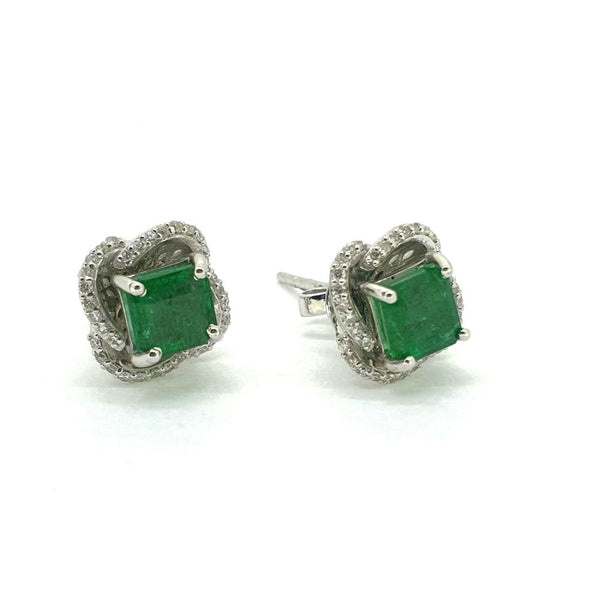 1.91ct Emerald and Diamond Halo Cluster Stud Earrings