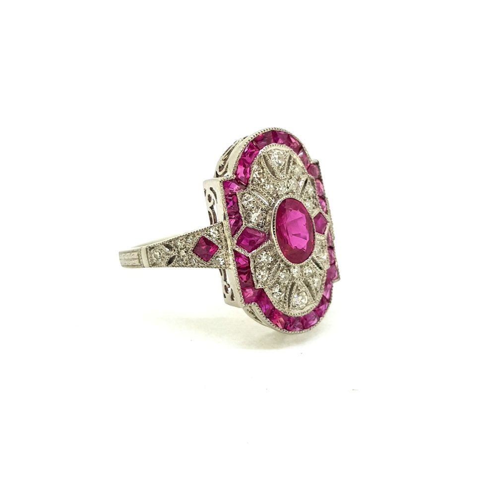 Art Deco Style 0.61ct Ruby and Diamond Cluster Plaque Ring in Platinum
