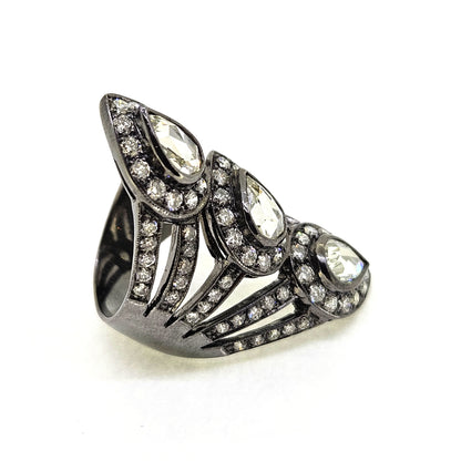 Pear Rose Cut Diamond Three Stone Dress Ring in Black Gold