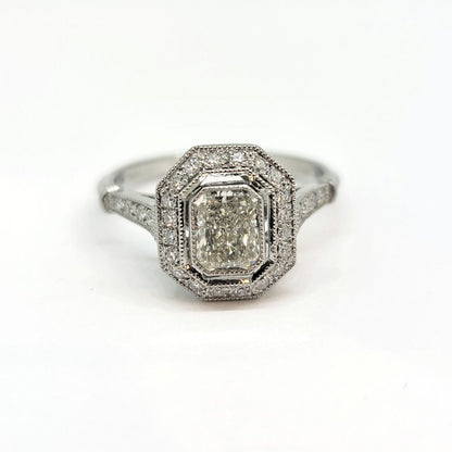 0.85ct Emerald Cut Diamond Halo Cluster Engagement Ring in Platinum