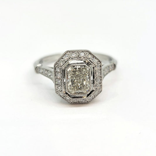 0.85ct Emerald Cut Diamond Halo Cluster Engagement Ring in Platinum