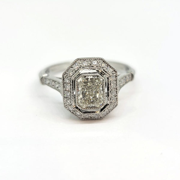 0.85ct Emerald Cut Diamond Halo Cluster Engagement Ring in Platinum