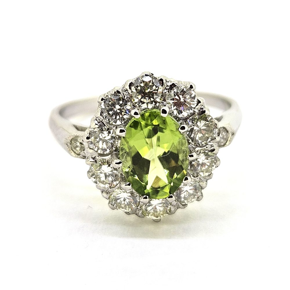 1.30ct Peridot and Diamond Crown Cluster Engagement Ring