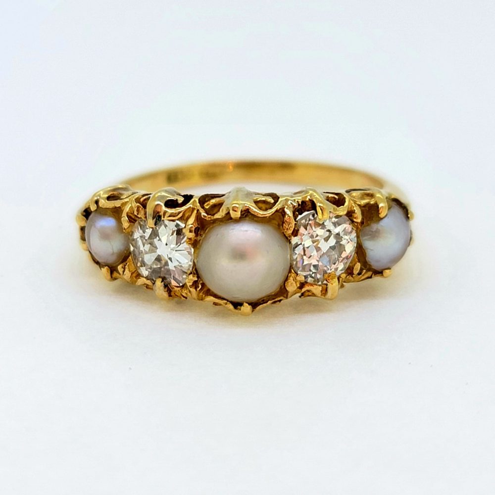 Victorian Antique Pearl and Old Cut Diamond Five Stone Ring in 18ct Yellow Gold