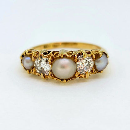 Victorian Antique Pearl and Old Cut Diamond Five Stone Ring in 18ct Yellow Gold