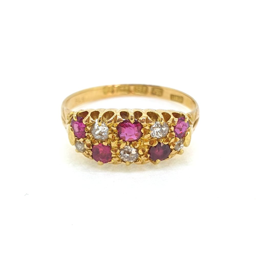 Antique Ruby and Diamond Chequerboard Cluster Ring