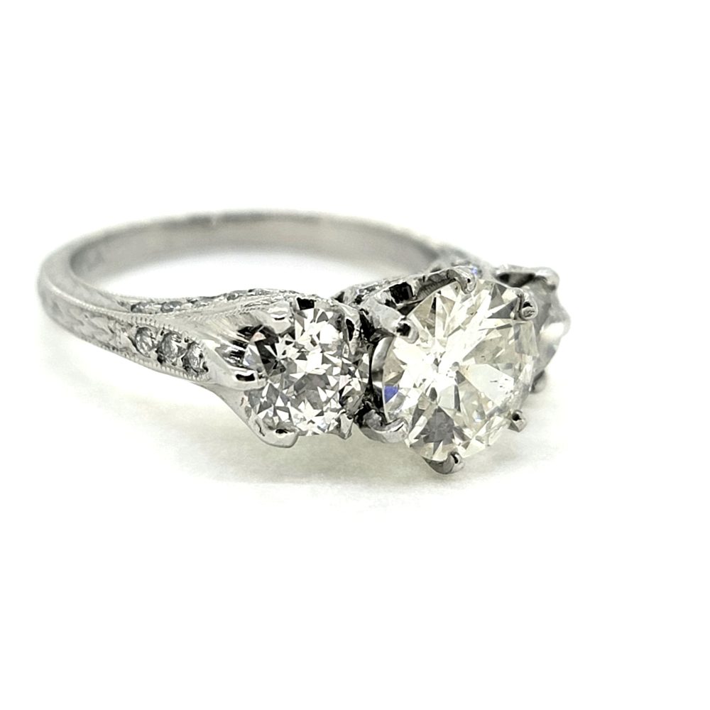 Vintage Diamond 2.50cts Three Stone Engagement Ring in Platinum with Detailed Band