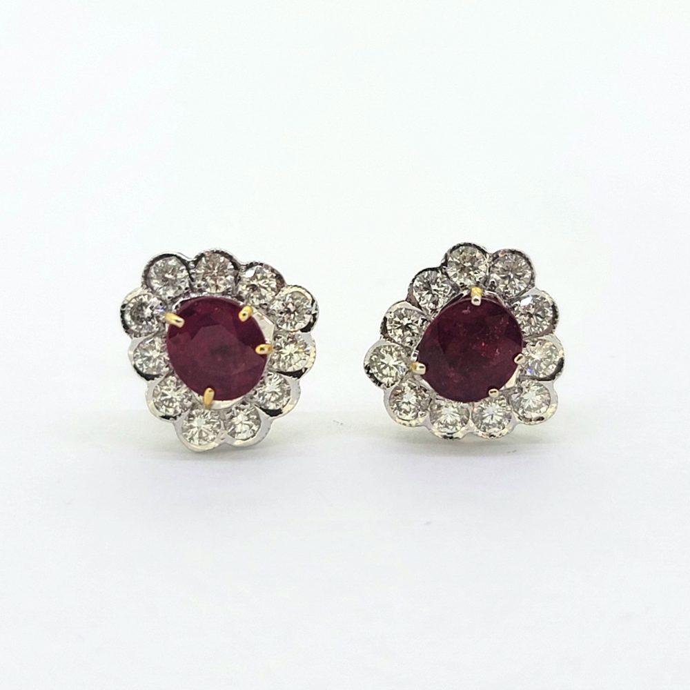 Ruby and Diamond Floral Cluster Stud Earrings