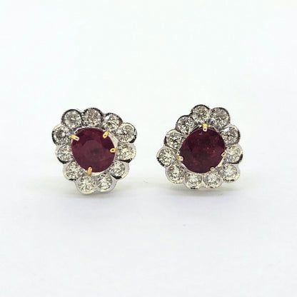 Ruby and Diamond Floral Cluster Stud Earrings