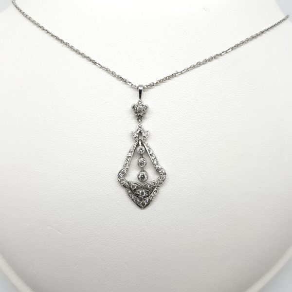 Art Deco Style Diamond Drop Pendant; crafted from 18ct white gold and set with 0.60 carats of round brilliant-cut diamonds