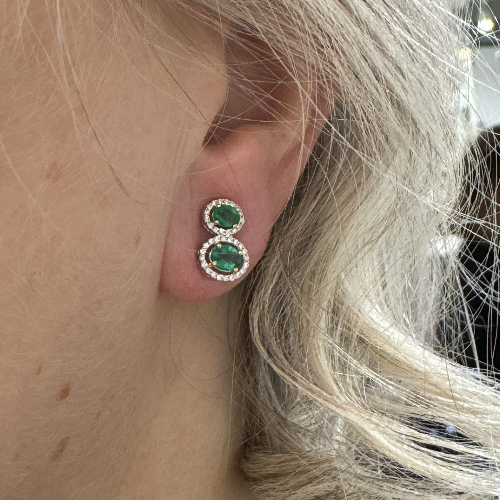 0.80ct Emerald and Diamond Double Cluster Drop Earrings in 18ct white gold