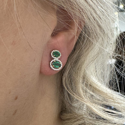 0.80ct Emerald and Diamond Double Cluster Drop Earrings in 18ct white gold