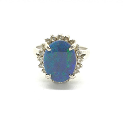 Black Opal and Diamond Cluster Ring