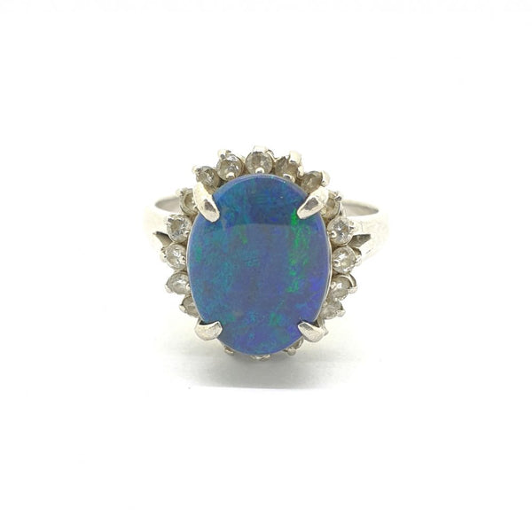 Black Opal and Diamond Cluster Ring