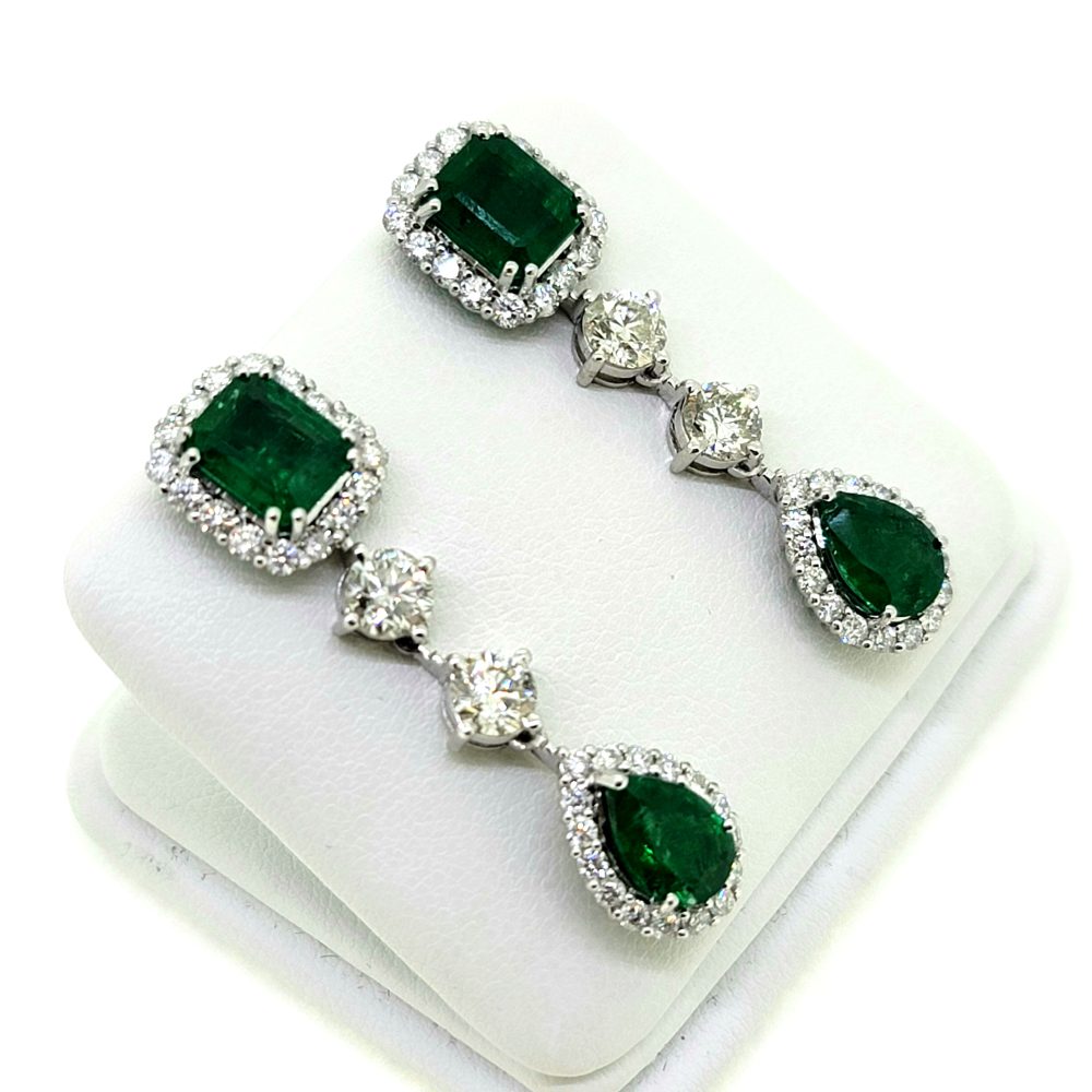 5.80ct Emerald and Diamond Double Cluster Long Drop Earrings