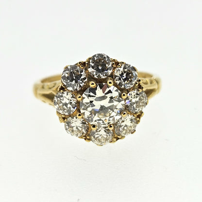 18 Carat Yellow Gold Old-Cut Diamond Daisy Cluster Ring, 2.00 Carats
