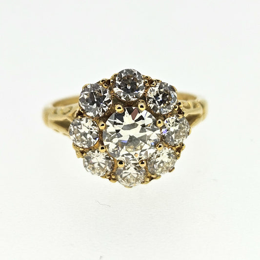 18 Carat Yellow Gold Old-Cut Diamond Daisy Cluster Ring, 2.00 Carats