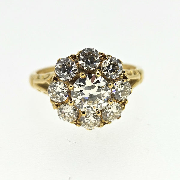 18 Carat Yellow Gold Old-Cut Diamond Daisy Cluster Ring, 2.00 Carats