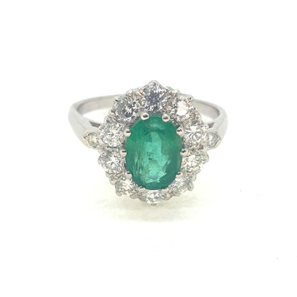 1.31ct Oval Emerald and Diamond Cluster Engagement Ring in Platinum