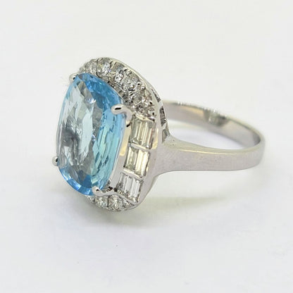 Contemporary 4.64ct Cushion Cut Aquamarine and Diamond Cluster Ring