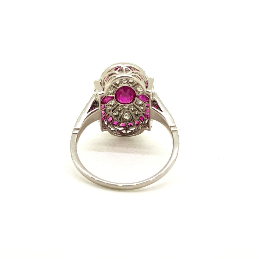 Art Deco Style 0.61ct Ruby and Diamond Cluster Plaque Ring in Platinum