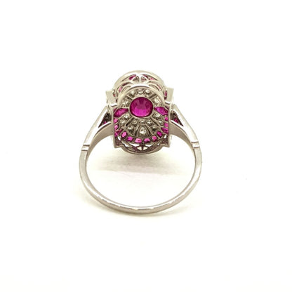 Art Deco Style 0.61ct Ruby and Diamond Cluster Plaque Ring in Platinum