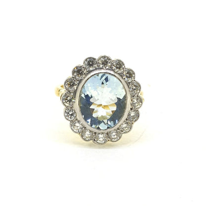 3ct Oval Aquamarine and Diamond Floral Cluster Ring