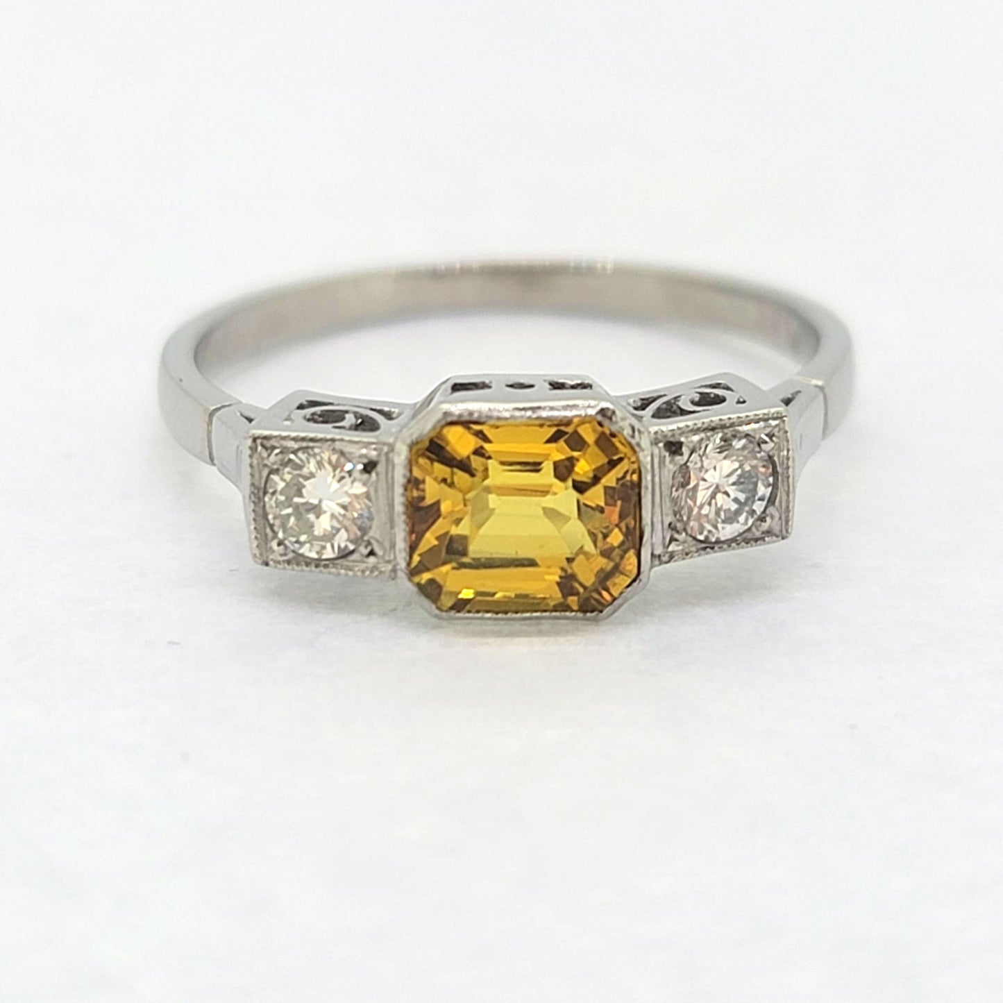 Platinum Yellow Sapphire 1.40 Carats and Diamond Three Stone Ring