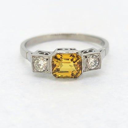 Platinum Yellow Sapphire 1.40 Carats and Diamond Three Stone Ring