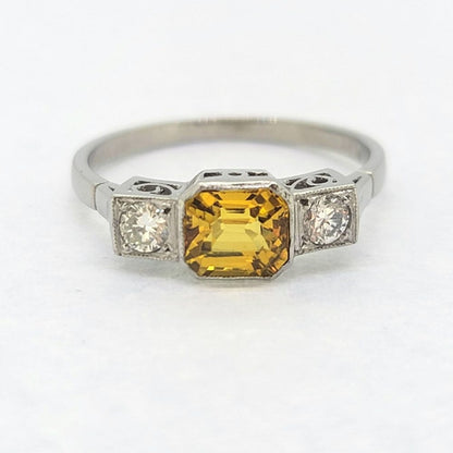 Platinum Yellow Sapphire 1.40 Carats and Diamond Three Stone Engagement Ring