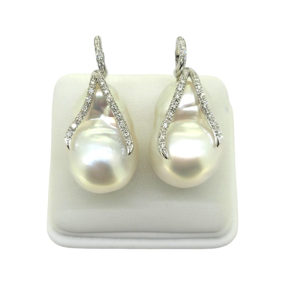 Baroque Pearl and Diamond Earrings, modern pair of pearl earrings, featuring Baroque pearls topped with diamond-set split caps in 18ct white gold