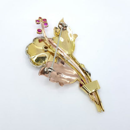 Vintage Ruby and Diamond Flower Spray Brooch