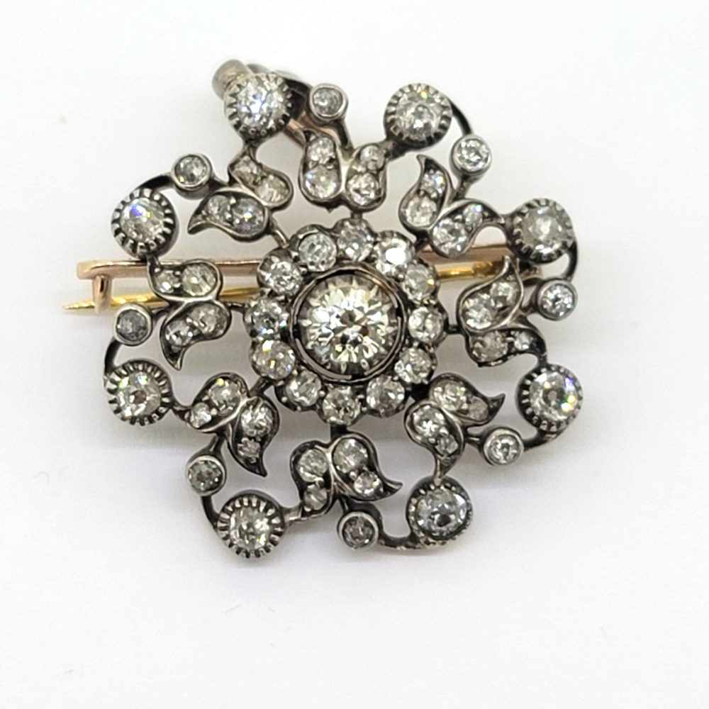 Victorian Antique 3ct Diamond Floral Pendant Brooch, floral diamond circular pendant-come-brooch pendant fitting and detachable/removeable brooch fitting