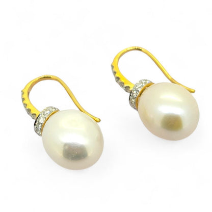 Pearl and Diamond Earrings in 18ct Yellow Gold, pearls topped with diamond-set 18ct yellow gold caps to diamond-set yellow gold hook fittings