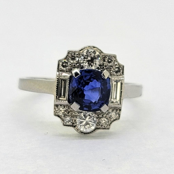 Art Deco Inspired 1.50ct Sapphire and Diamond Cluster Ring in Platinum
