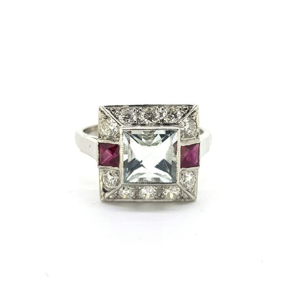 1.30ct Aquamarine, Ruby and Diamond Cluster Ring in Platinum