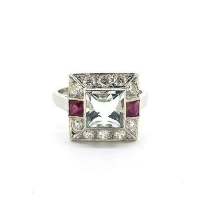 1.30ct Aquamarine, Ruby and Diamond Cluster Ring in Platinum