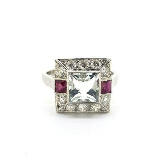 1.30ct Aquamarine, Ruby and Diamond Cluster Ring in Platinum