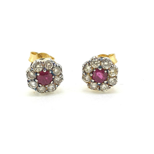 Ruby and Diamond Cluster Stud Earrings